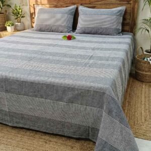 Elegant grey and white thin stripes on cotton handloom double bedsheet with two pillow covers