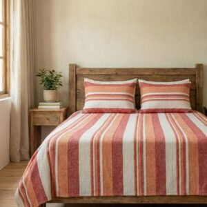 Elegant striped design in orange, red and white on cotton handloom double bedsheet with two pillow covers