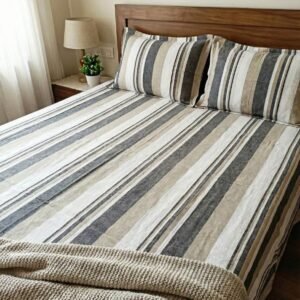 Elegant striped design in grey, beige and white on cotton handloom double bedsheet with two pillow covers