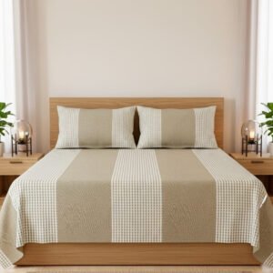 Elegant beige and white honeycomb stripes on cotton handloom double bedsheet with two pillow covers