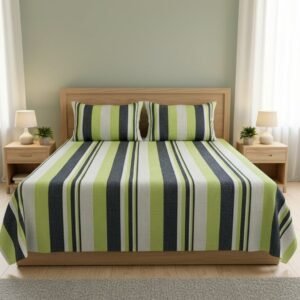 Elegant green, grey and white stripes on cotton handloom double bedsheet with two pillow covers
