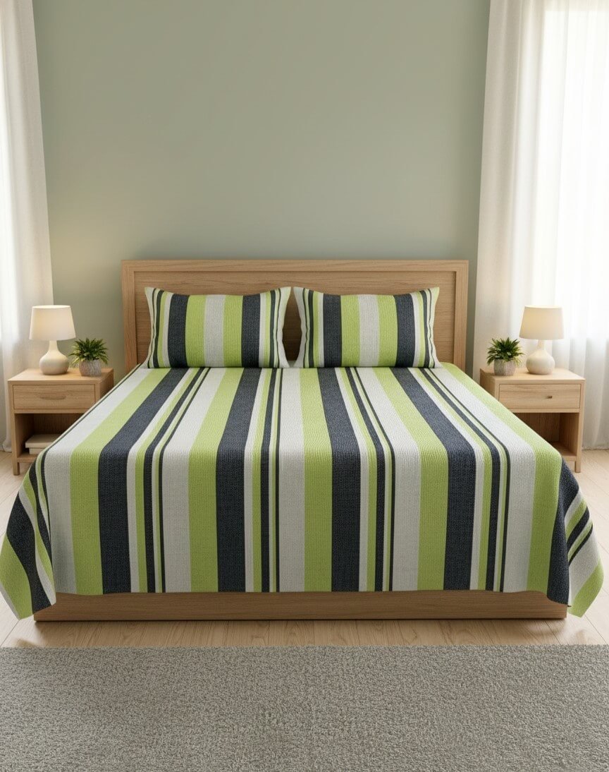 Elegant green, grey and white stripes on cotton handloom double bedsheet with two pillow covers