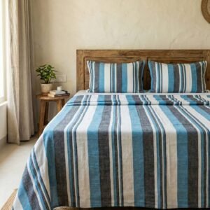 Elegant striped design in grey, blue and white on cotton handloom double bedsheet with two pillow covers