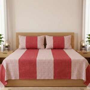 Elegant red and white honeycomb stripes on cotton handloom double bedsheet with two pillow covers