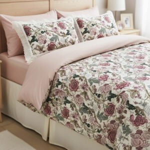 Exquisite floral print in pink on cream pure cotton double bedsheet and two pillow covers decorated with beautiful double lace