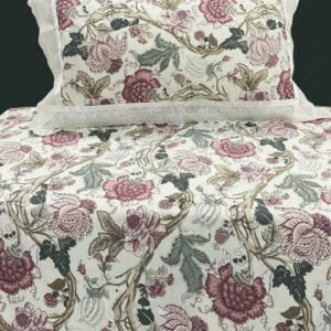 Exquisite floral print in pink on cream pure cotton double bedsheet and two pillow covers decorated with beautiful double lace