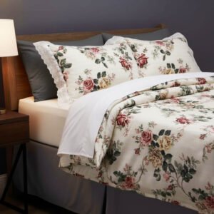 Exquisite floral print in maroon on cream pure cotton double bedsheet and two pillow covers decorated with beautiful double lace