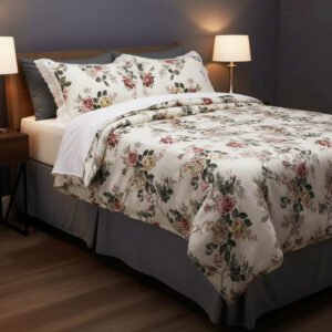 Exquisite floral print in maroon on cream pure cotton double bedsheet and two pillow covers decorated with beautiful double lace