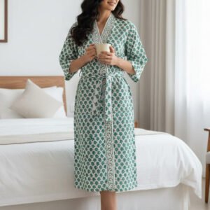 Exquisite handblock booti print in turquoise and green on white waffle cotton unisex bathrobe