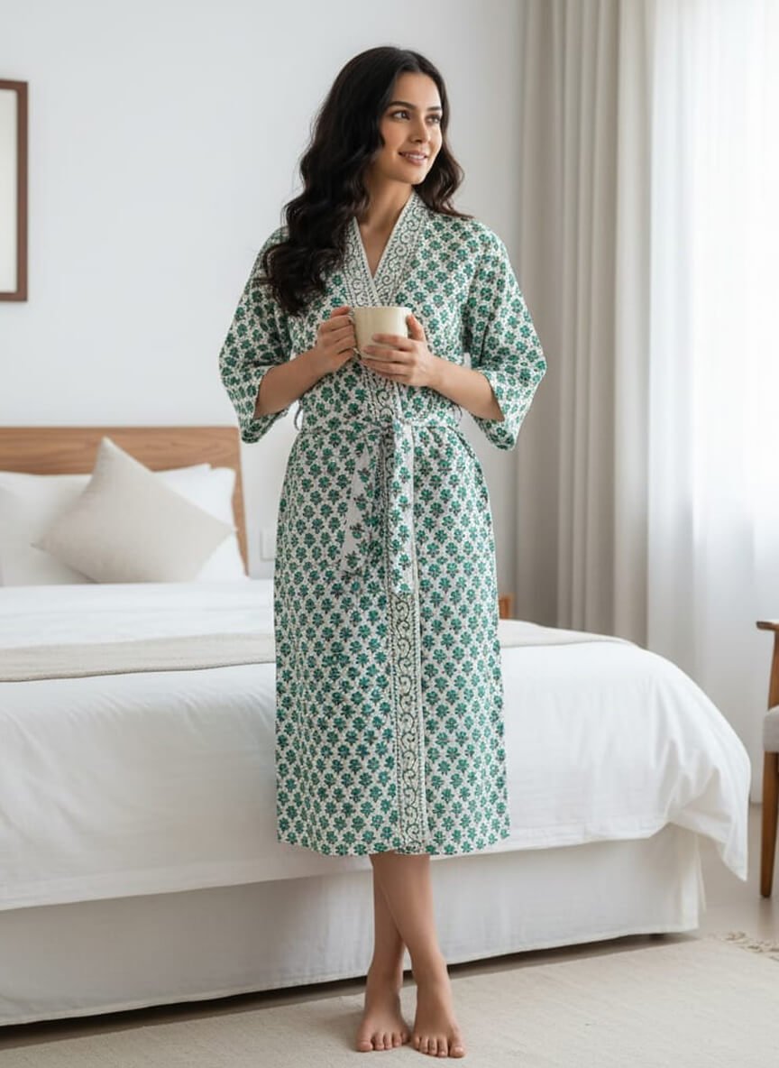 Exquisite handblock booti print in turquoise and green on white waffle cotton unisex bathrobe