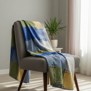 Elegant blue, yellow and white checkboard checkered cotton handloom double bedsheet with two pillow covers