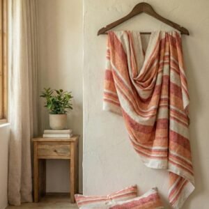 Elegant striped design in orange, red and white on cotton handloom double bedsheet with two pillow covers