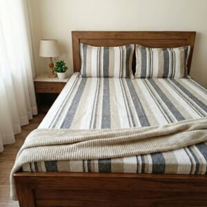 Elegant striped design in grey, beige and white on cotton handloom double bedsheet with two pillow covers