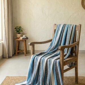 Elegant striped design in grey, blue and white on cotton handloom double bedsheet with two pillow covers