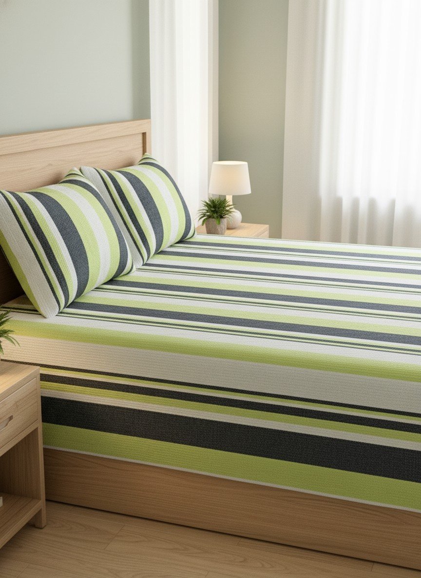 Elegant green, grey and white stripes on cotton handloom double bedsheet with two pillow covers - Image 3