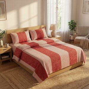 Elegant red and white honeycomb stripes on cotton handloom double bedsheet with two pillow covers