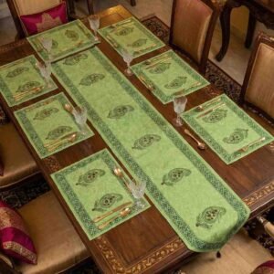 Exquisite handblock table runner and mats in moss green on canvas for 6 seater dining table