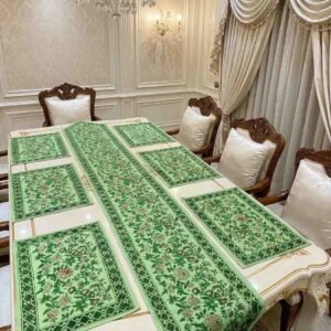 Exquisite handblock table runner and mats in green and red on canvas for 6 seater dining table