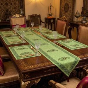 Exquisite handblock table runner and mats in moss green on canvas for 6 seater dining table