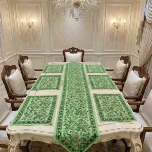 Exquisite handblock table runner and mats in green and red on canvas for 6 seater dining table
