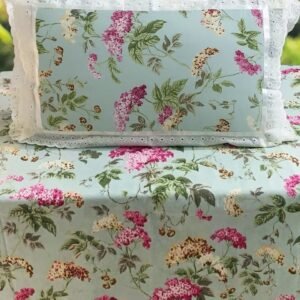 Exquisite floral print in pink on green pure cotton double bedsheet and two pillow covers decorated with beautiful double lace