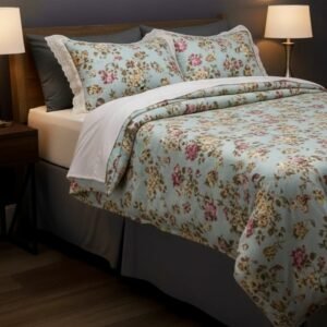 Exquisite floral print in pink on green pure cotton double bedsheet and two pillow covers decorated with beautiful double lace