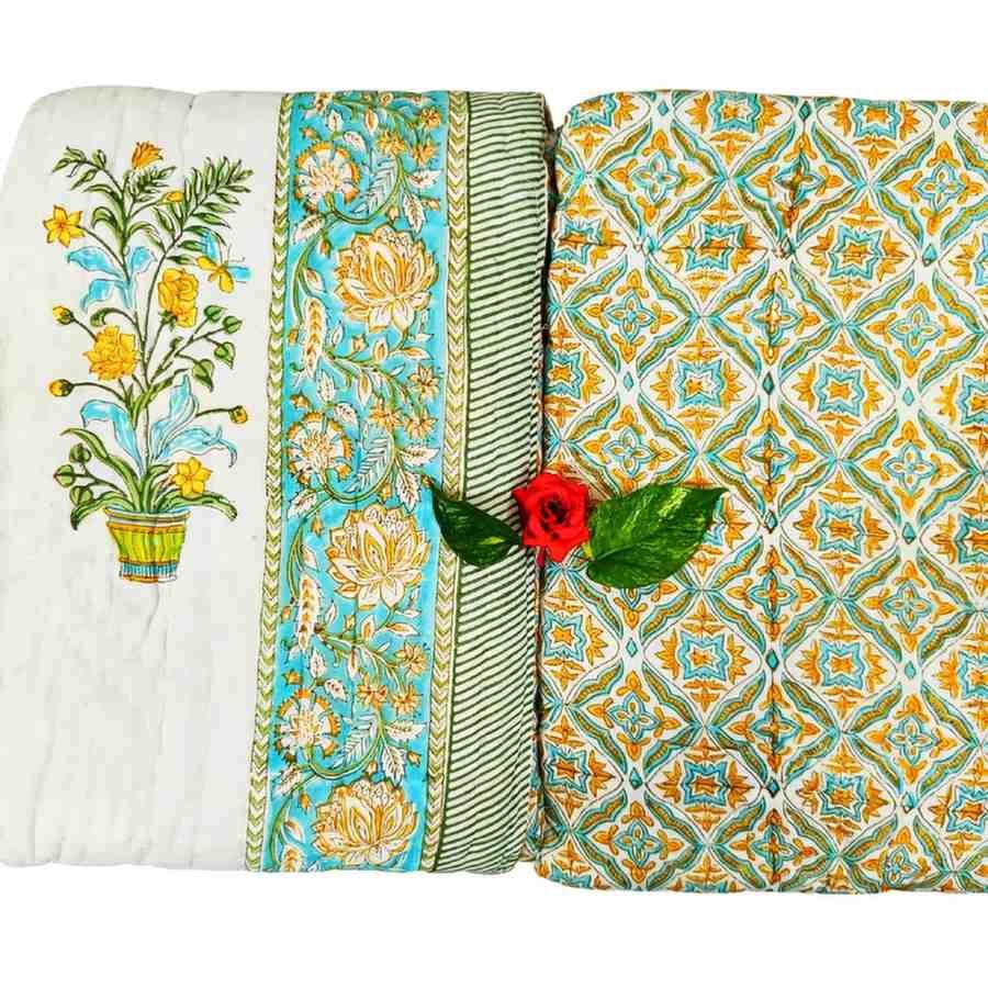 A pair of two single beautiful exquisite jaipur razais in floral booti and jaal design on premium cotton mulmul in turquoise, mustard and white