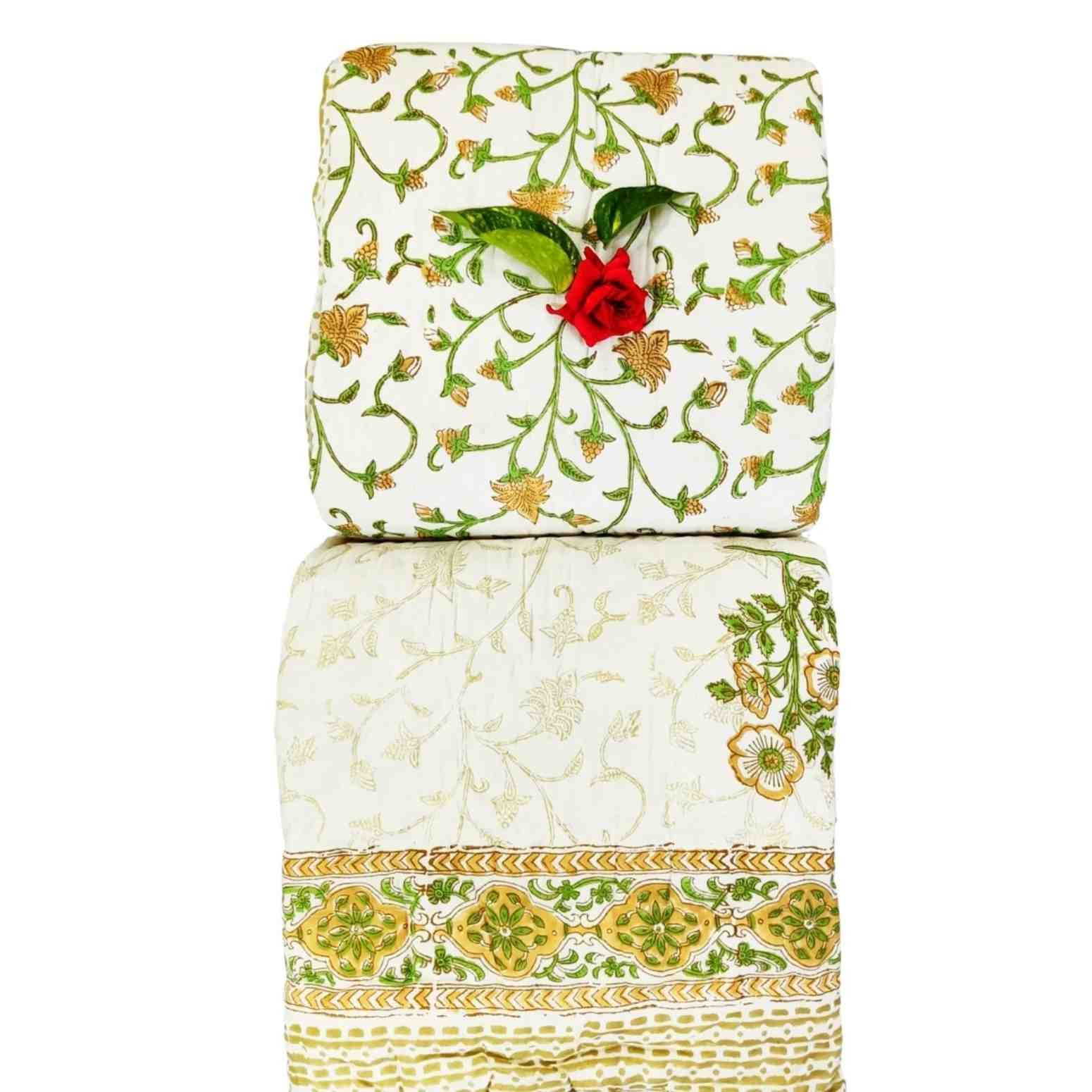 A pair of two single beautiful exquisite jaipur razais in floral booti and jaal design on premium cotton mulmul in mustard and green on white