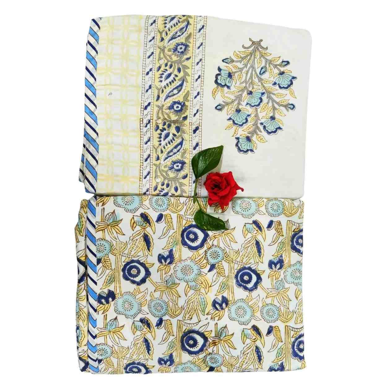 Exquisite pure cotton mulmul pair of single handblock dohars with inner layer in flannel in beautiful blue and yellow on white - Image 3