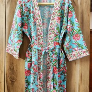 Exquisite handblock floral print in turquoise and pink waffle cotton unisex bathrobe