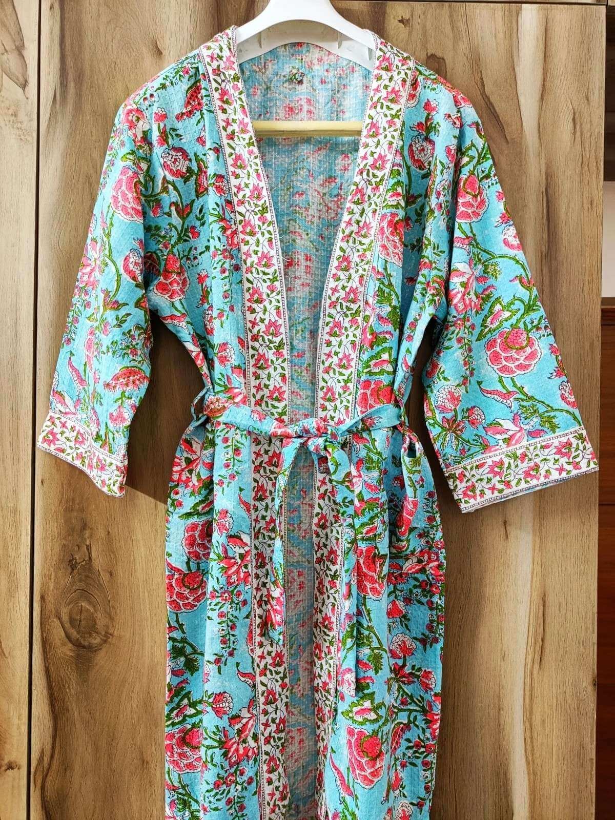 Exquisite handblock floral print in turquoise and pink waffle cotton unisex bathrobe - Image 2