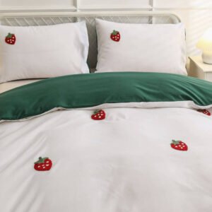 Exquisite embroidered bedsheet with red strawberry pattern on white in premium cotton bedsheet along with two pillow covers