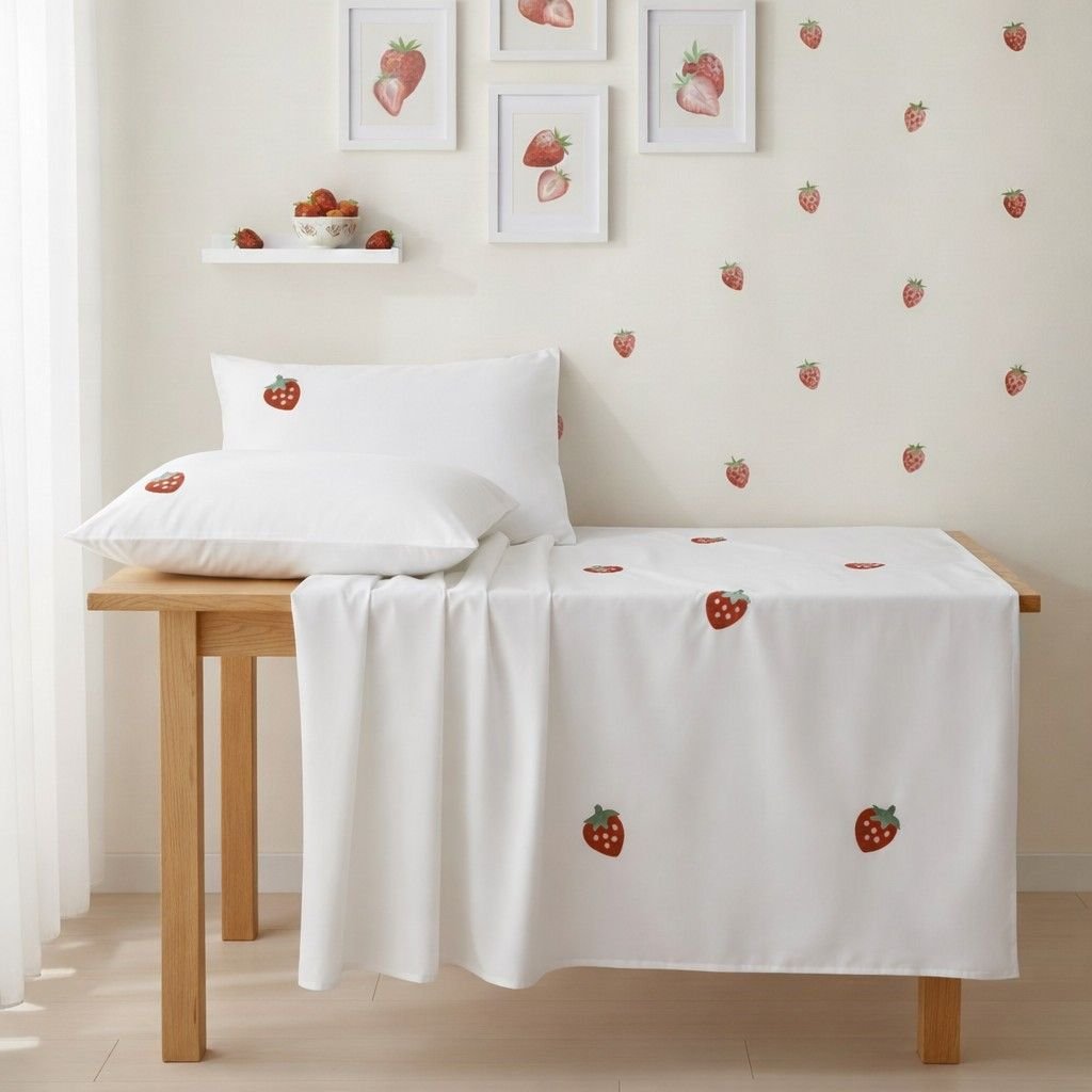 Exquisite embroidered bedsheet with red strawberry pattern on white in premium cotton bedsheet along with two pillow covers