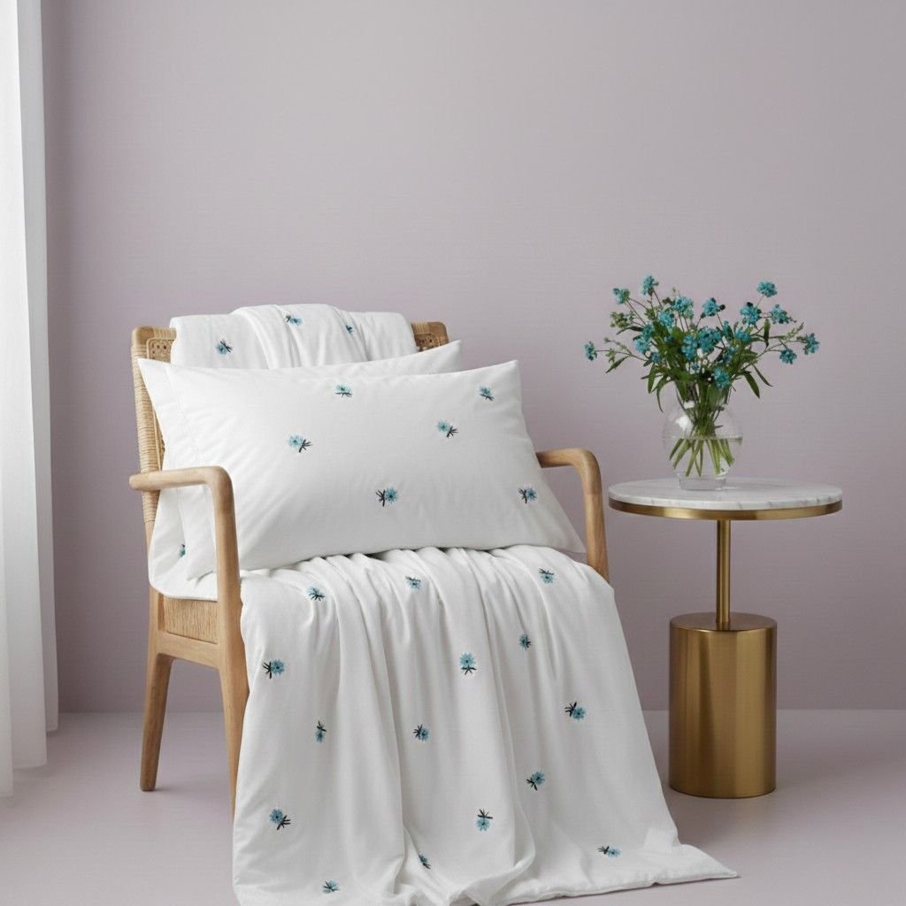 White Cotton Embroidered Double Bedsheet with Blue Flowers