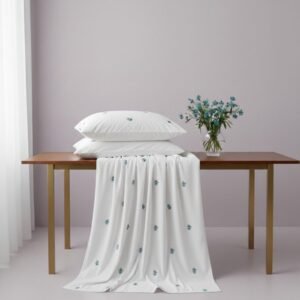White Cotton Embroidered Double Bedsheet with Blue Flowers