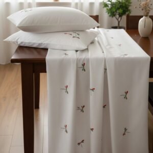 White Cotton Embroidered Double Bedsheet with Multicolour Dragonfly