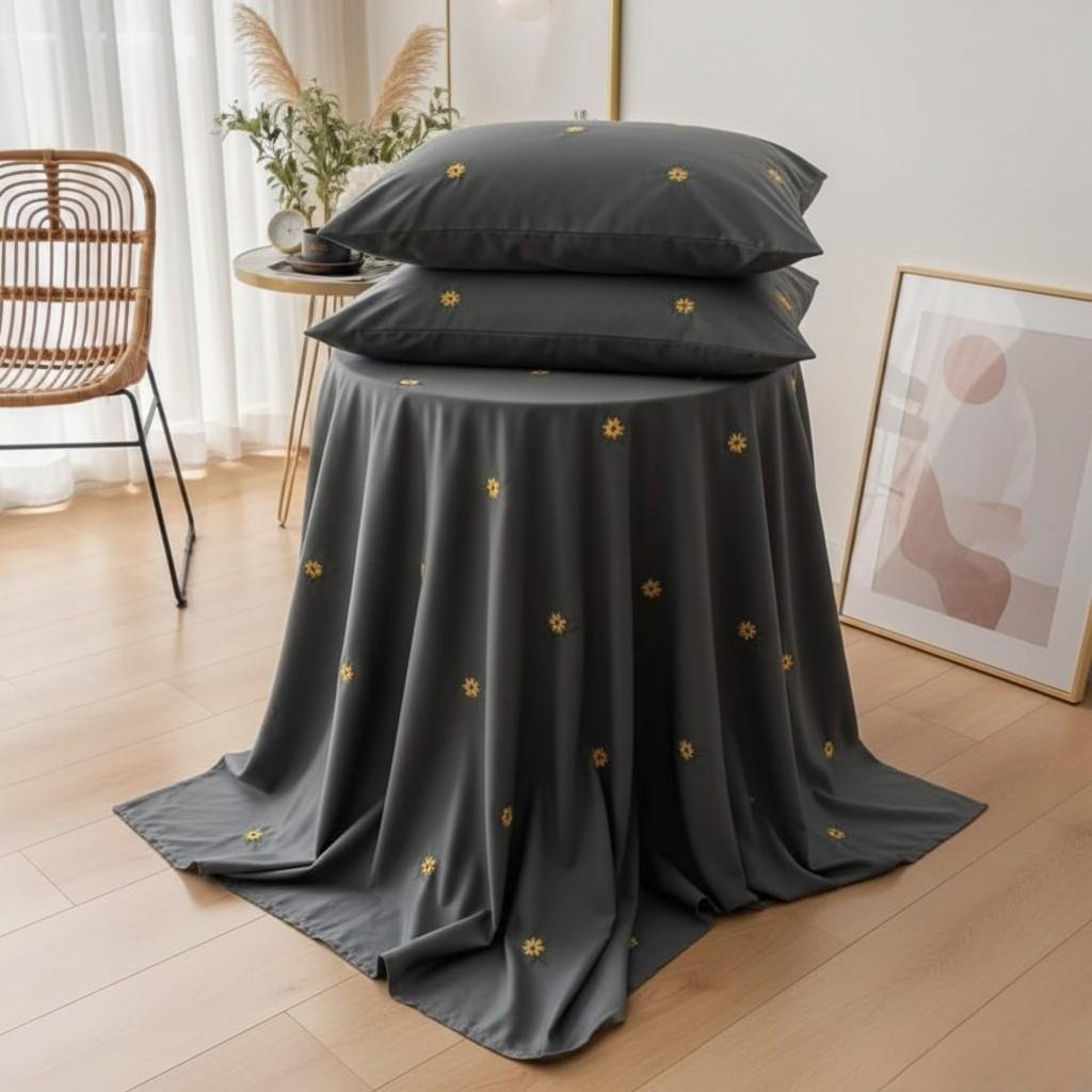 Dark Grey Cotton Embroidered Double Bedsheet with Sunflowers