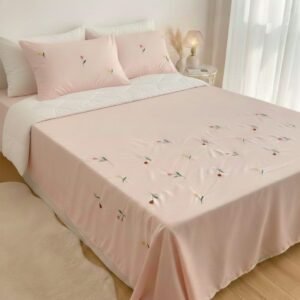 Pink Cotton Embroidered Double Bedsheet with Multicolour Tulips