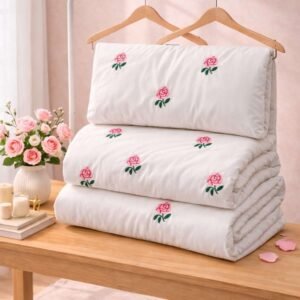 Exquisite embroidered cotton bedsheet with pink rose on white in premium cotton bedsheet along with two pillow covers
