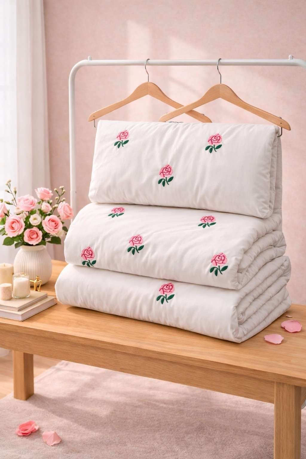 Exquisite embroidered cotton bedsheet with pink rose on white in premium cotton bedsheet along with two pillow covers