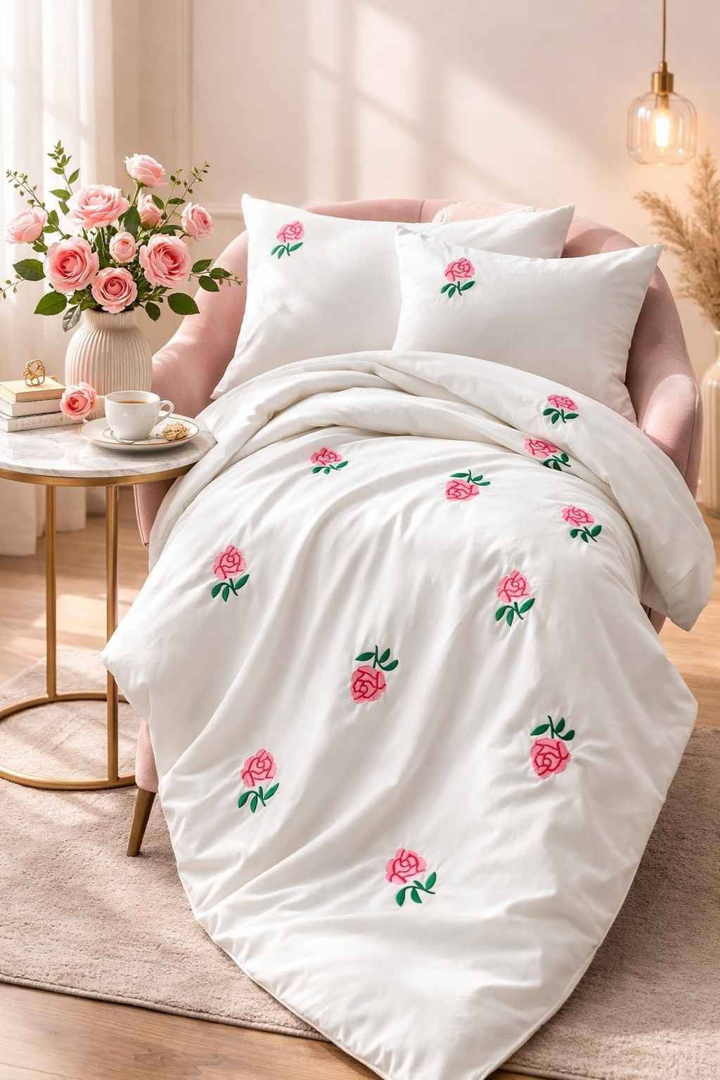 Exquisite embroidered cotton bedsheet with pink rose on white in premium cotton bedsheet along with two pillow covers