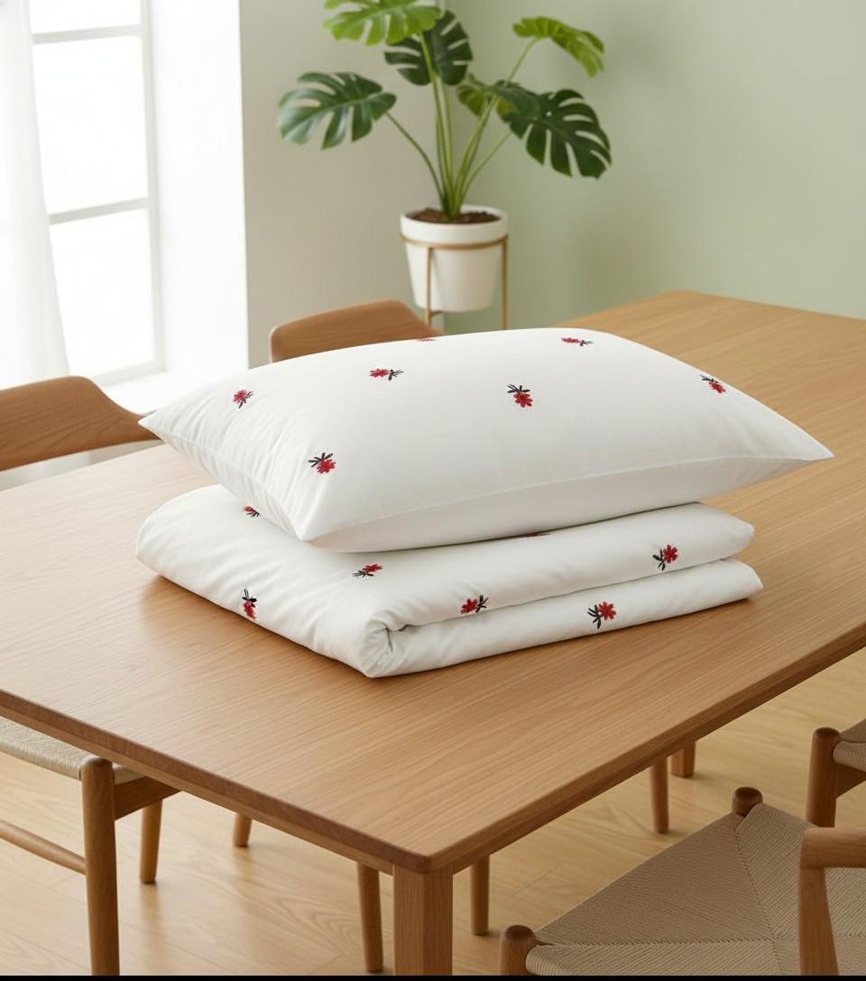 White Cotton Embroidered Double Bedsheet with Red Flowers