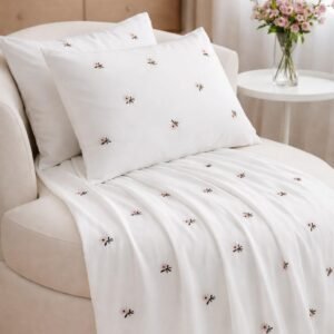 White cotton embroidered double bedsheet bedsheet with blue anchor & ship wheel pattern