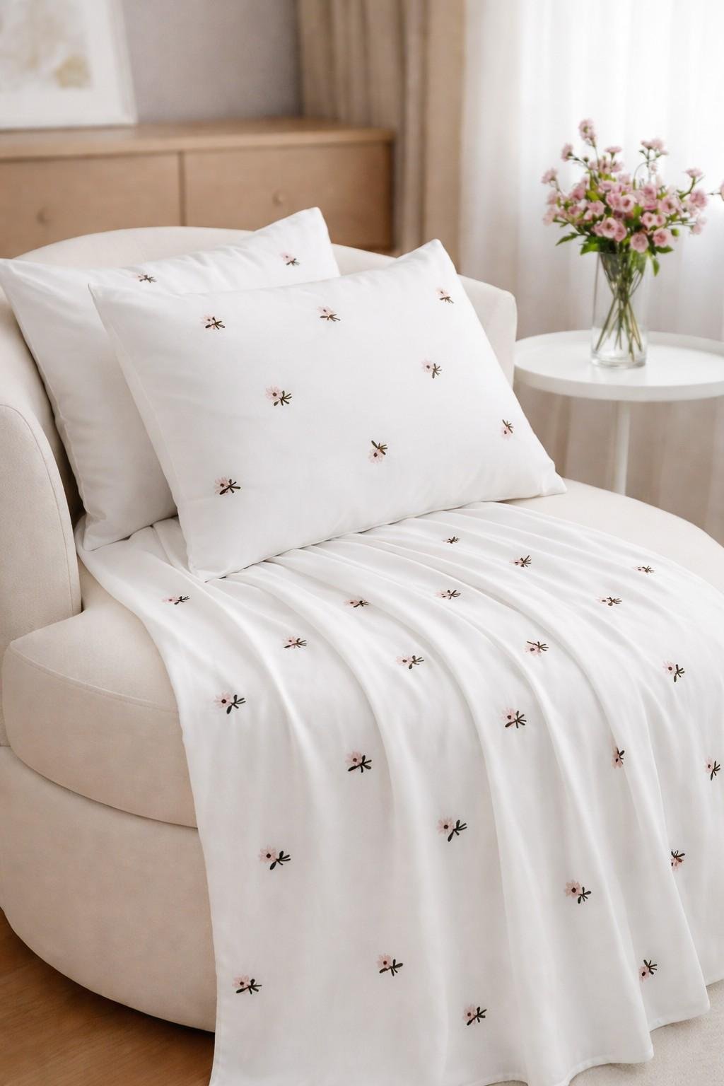 Cotton Embroidered Double Bedsheet with Purple Flowers on white