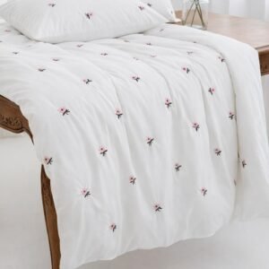 Cotton Embroidered Double Bedsheet with Purple Flowers on white