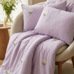 Purple Cotton Embroidered Double Bedsheet with white Daisy Flowers