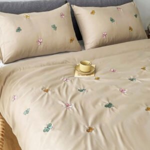 Exquisite embroidered cotton bedsheet with multicolour butterfly pattern on beige in premium cotton bedsheet along with two pillow covers