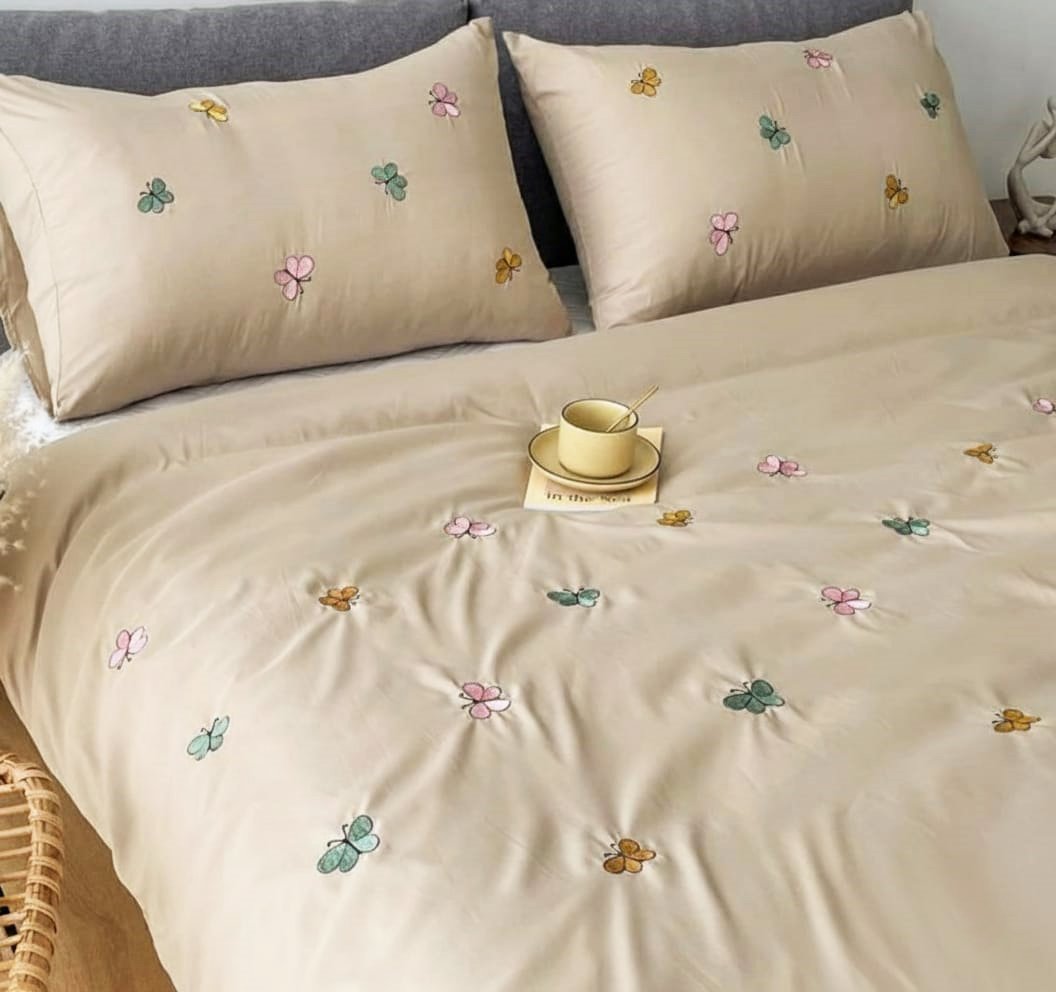 Exquisite embroidered cotton bedsheet with multicolour butterfly pattern on beige in premium cotton bedsheet along with two pillow covers