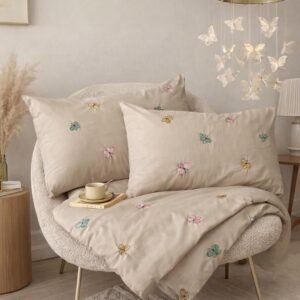 Exquisite embroidered cotton bedsheet with multicolour butterfly pattern on beige in premium cotton bedsheet along with two pillow covers