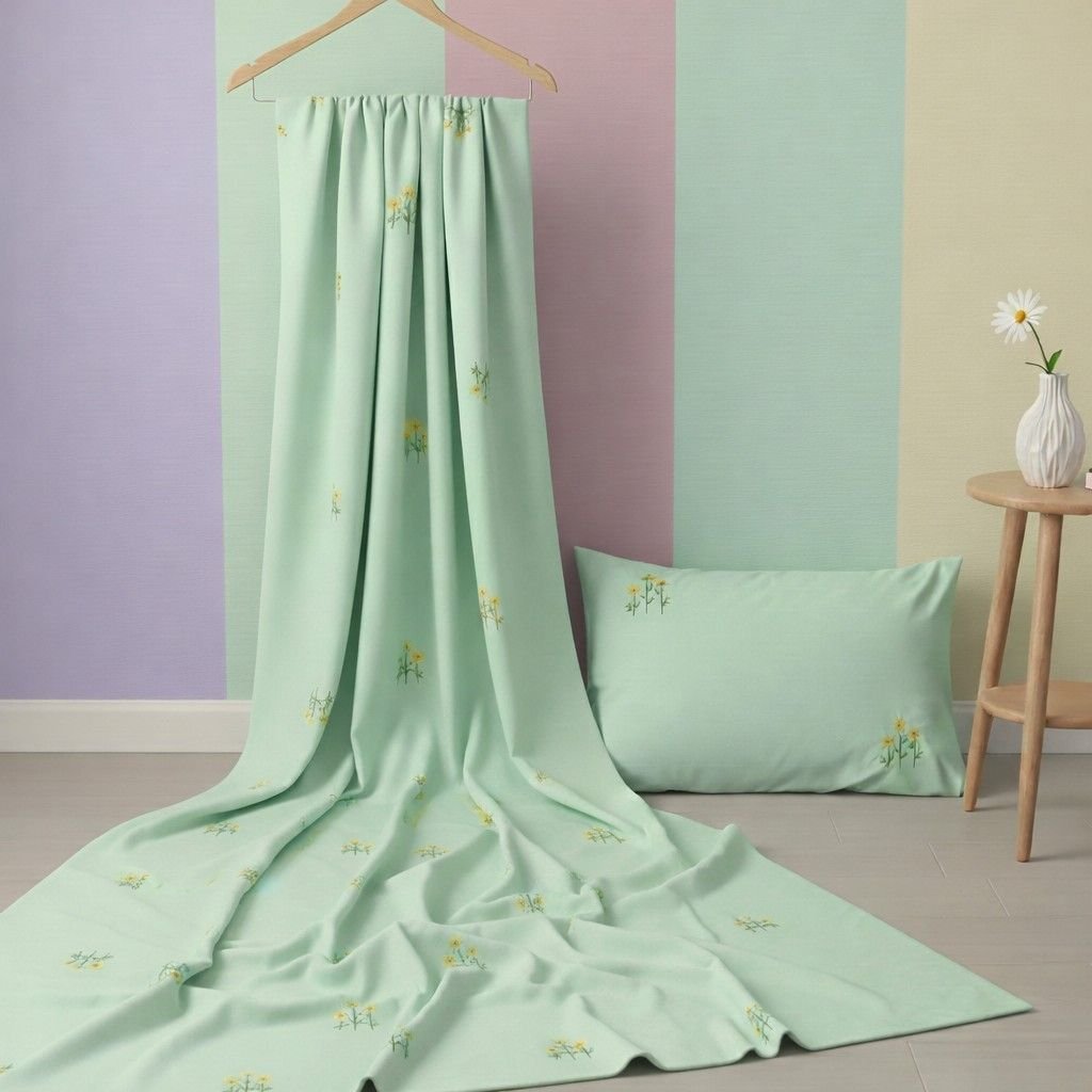Exquisite embroidered bedsheet in yellow floral pattern on green premium cotton bedsheet with two pillow covers